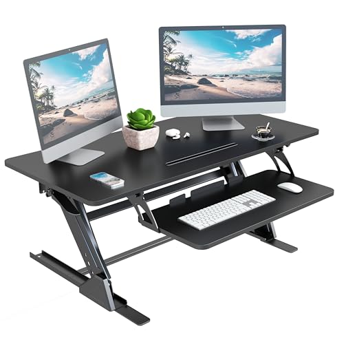 Lubvlook 42 inch Stand Up Desk Converter, Height Adjustable Sit Stand Desk Riser, Black, 42PB