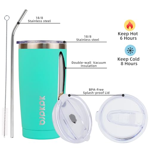 Image of BJPKPK 20 oz Coffee Tumbler with Lid, Straw, Insulated Stainless Steel Mug | Double Wall Vacuum, Keeps Hot /Cold, BPA Free, Leak Proof, Iced Coffee Cup Fit Car Holder, Travel & Beach Ready, Turquoise