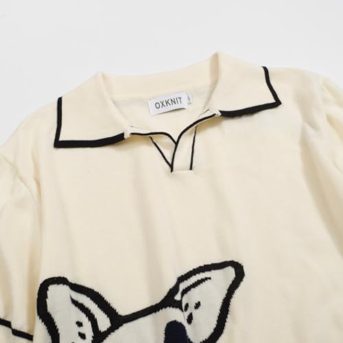 Men's Retro White Knitted Poloshirt, 1960s Mod Vintage Animal Pattern Polo V-Neck Cotton Short Sleeve3