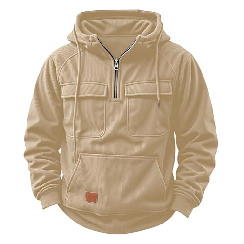Ymosrh Men's Quarter Zip Hoodies, Long Sleeve Athletic Sport Hooded Sweatshirt Solid Color Cargo Hoodie Pullovers, S-2XL