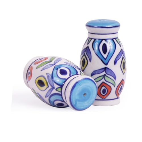 Image of VarEesha Hand Painted Multicolored Ceramic Salt n Pepper Set for Dining Table Used as Namak Dhani, Shaker, Sprinkler for Home, Kitchen and Restaurant