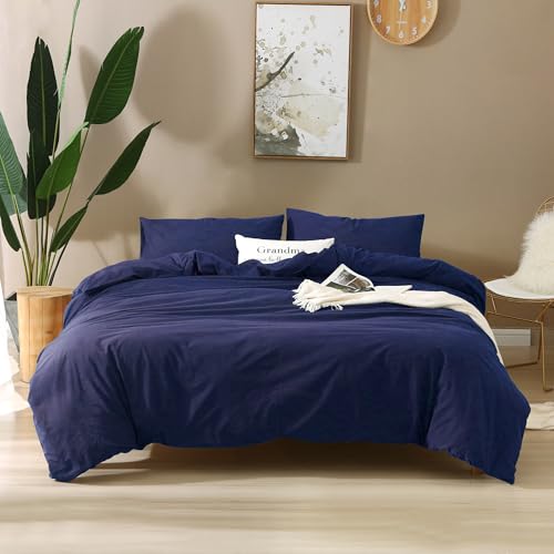 Image of F.Y.Dreams 100% Washed Cotton Duvet Cover for Weighted Blanket 80x87 inches with 16 Ties, Zipper on Long Side /Navy BlueJust Duvet Cover