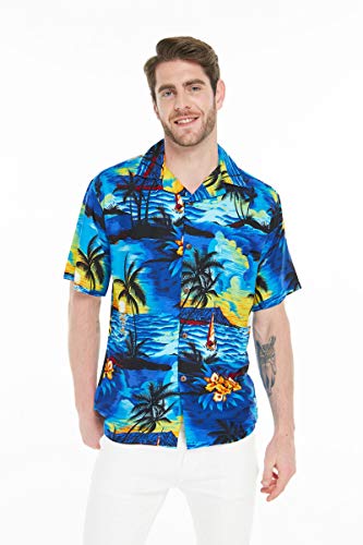 Matchable Couple Hawaiian Luau Shirt or Wrap Ruffle Dress in Sunset Neon4