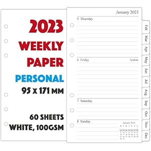 2023 Weekly Diary Refill Personal Size for Filofax, Month Tabs, Two Page Per Weekly, 9.5×17.1cm
