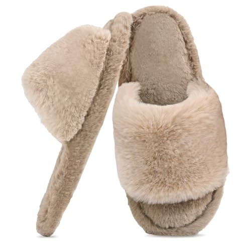 ZOORON Women's Fuzzy Slippers with Memory Foam Comfy Faux Fur Anti-Skid Sole Slippers for Women Bedroom House Open Toe (a-brown-9-10)