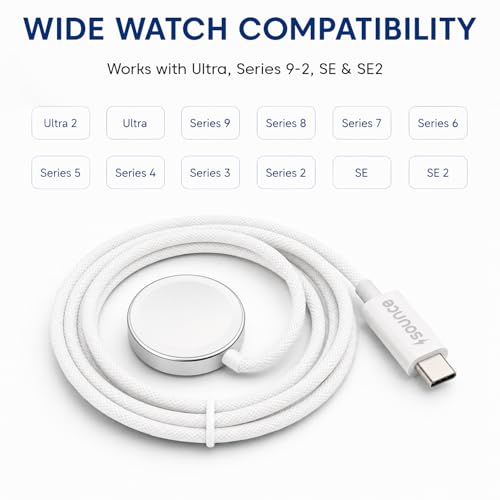 Image of Sounce USB-C Smart Watch Charger, Wireless Fast Charging Cable Compatible with Watch Ultra 2 /Ultra, Series 9 /8 /7 /6 /5 /4 /3 /2 & SE /SE2, 1m (3.3ft) - White