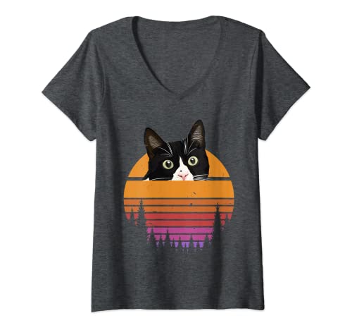 Mulher gato retro estilo - kitten retro style - black cat t-shirt decote em V, cinza