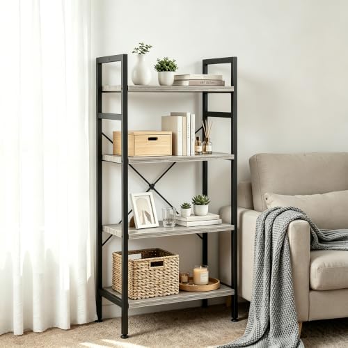 Image of HealSmart 4 Tier Bookshelf, Free Standing Book Shelf Home Office Bookcase Shelf Storage Organizer for Bedroom, Bathroom, Living Room, Office, Balcony, Gray Wood