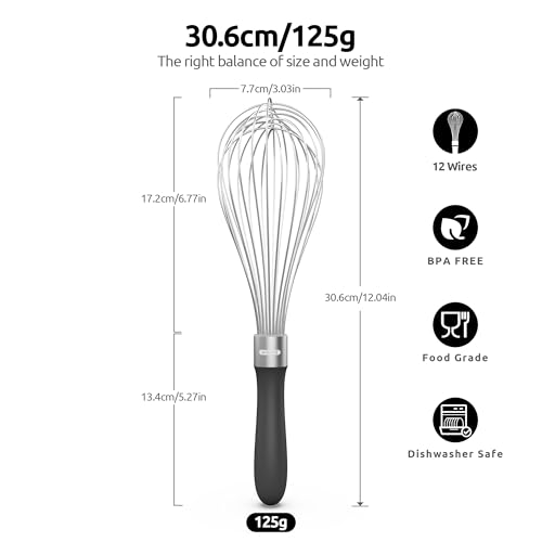 U-Taste Kitchen Whisk: 18/10 Stainless Steel Balloon Whisk 30 cm Large Egg Beater with 12 High Flex Wires and Non-Slip Silicone Handle for Whipping Blending Mixing Batter Creams Sauces (Black) - Image 3