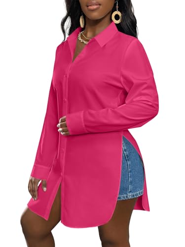 Image of LYANER Women's Collar Neck Long Sleeve Button Down Shirts Sexy Split Hem Tops Long Blouse Shirt Dress