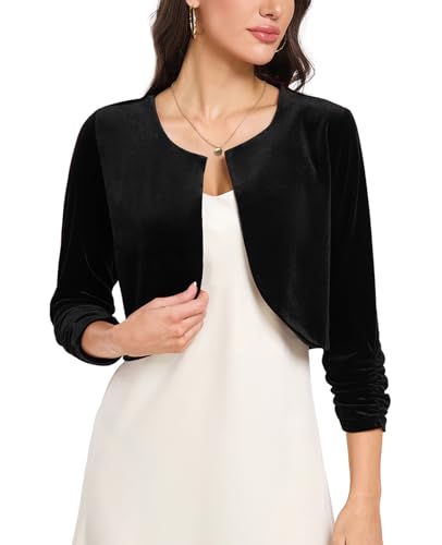 MINTLIMIT Velvet Bolero Shrug for Women 3/4 Ruched Sleeve Open Front Cropped Cardigan Cocktail Party Shrugs