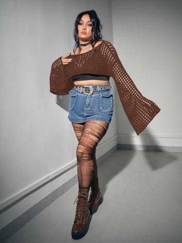 Image of Floerns Women's Plus Size Boat Neck Long Sleeve Crochet Cropped Sweater