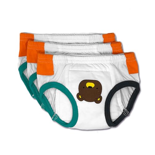 Tiny Trainers ROOMIER Small Cotton Training Pants, Unisex, for Babies and Toddlers, Elimination Communication or Potty Training - 3-pack (4T, Bear/Learn)