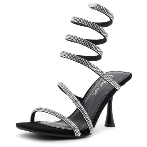 Shoe Land Charming2 Women’s Rhinestone Heeled Sandals Open Toe High Stilettos Spiral Ankle Wrap Strap High Heels Black Gold Silver Dress Shoes for Party Wedding Prom, BlackNubuckSilver, Size 7.0 Cover
