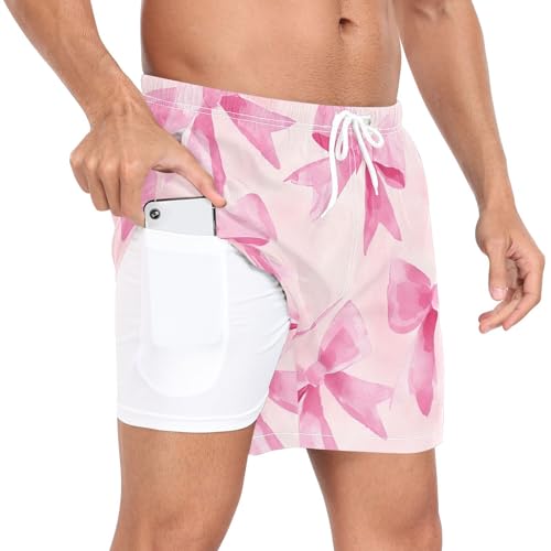 2 in 1 Mens Pink Bow Swim Trunks 4.7 Inch Swim Shorts Swim Suits Board Shorts（919）2