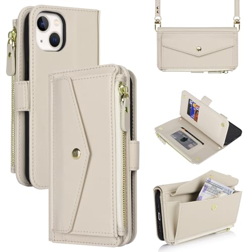 Jaorty Fit for iPhone 14 /iPhone 13 Case Wallet with Crossbody Lanyard & Wrist Strap for Women,6.1 inch,iPhone 14 Purse Phone Case with Card Holder,Protective PU Leather Zipper Case,Beige
