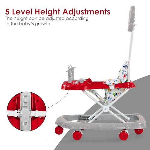 Image of BabyGo Jonny Walker for 6-24 Months, Baby Walker with Push Handle & Activity Tray - Foldable Adjustable Height Infant Walker with Wheels, Music,Toy Bar and Comfotable seat (Red-Grey)