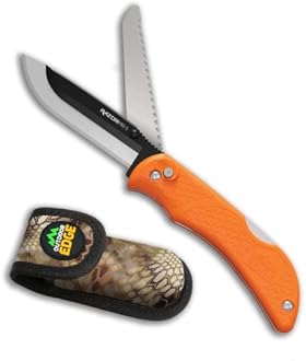 OUTDOOR EDGE RazorPro S - RazorSafe Replaceable Blade 3.5" Folding Knife with Saw and Camo Nylon Sheath (Orange, 6 Blades)