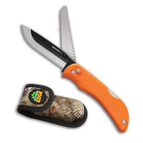 OUTDOOR EDGE RazorPro S - RazorSafe Replaceable Blade 3.5" Folding Knife with Saw and Camo Nylon Sheath (Orange, 6 Blades)
