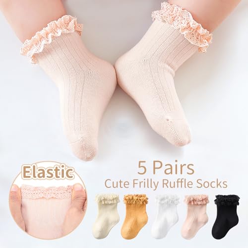 Looching Baby Girls Cute Ruffle Lace Socks Toddler Eyelet Frilly Dress Cotton Ankle Socks 5-Pack4