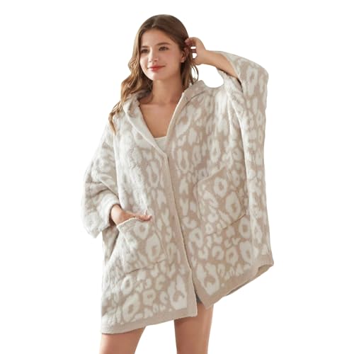 WDCOZY Wearable Blanket Hoodie Poncho Throw Comfy Soft Warm Cape Shawl Cozy Cloak Wrap Hooded with Sleeves For Adults Leopard