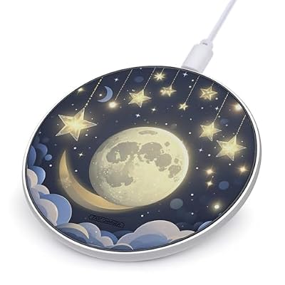 Stars and Moon on Dark Background Wireless Charger 10W Portable Fast Wireless Charging Pad Compatible with Phone Slim Charging Station Lightweight Charger Mat Charging Block for Travel Home Office
