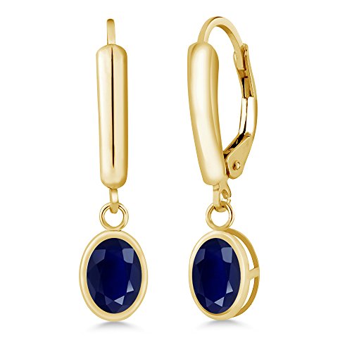 Gem Stone King 14K Yellow Gold Blue Sapphire Leverback Earrings For Women | 2.04 Cttw | Gemstone Birthstone | Oval 7X5MM