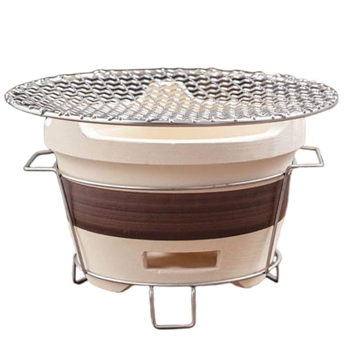 LejeMaek Clay Stove Small Camping Stove Portable Charcoal Grill Ventilated Round Charcoal Grill Tea Making Stove with Iron Rack & Grill Net Charcoal Stove for Home Party Camping Barbecue