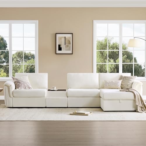 Image of CHITA Extra Large Sectional Couches for Living Room, Cloud Modular Sectional Sofa with Chaise and Console Table, Ottoman with Storage, 3 Seater L Shaped Couch, Chenille in Cream