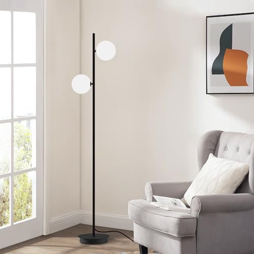 Image of Black Floor Lamp 2-Light Modern White Frosted Glass Freestanding Lamp Mid Century Globe Floor Lamps for Vintage Standing Pole Lamp for Bedroom Living Room Hotel