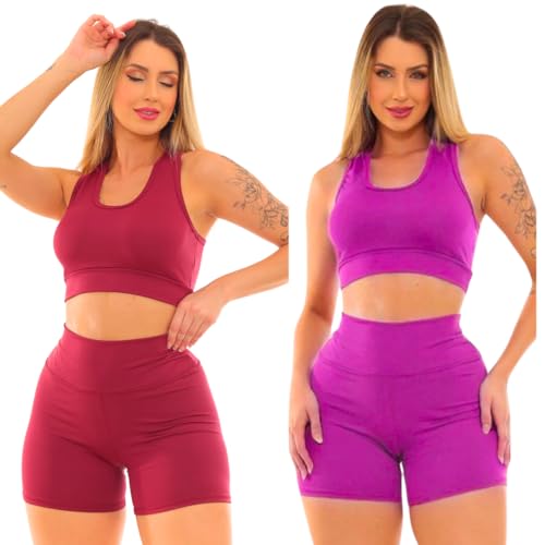 Kit 2 Conjuntos Academia Top e Shorts Zero Transparência Suplex Feminino (VINHO ROXO, M)
