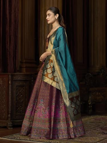 Image of PURVAJA Women's Kanjiwaram Semi-Stitched Lehenga choli