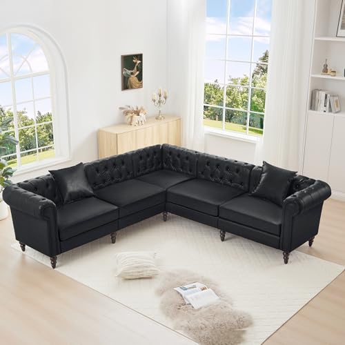 Image of LEVNARY 98 inch x 98 inch L-Shaped Chesterfield Sectional Couch, 5-Seat PU Leather Couch with Rolled Arms, Mid-Century Modern Tufted Corner Sofa for Living Room Bedroom Office (Black)