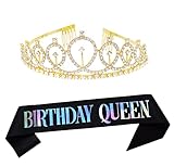 誕生日クイーン ゴールドティアラとブラックサッシュ プリンセスクラウン ハッピーバースデーパーティー用品 5歳 6歳 7歳 8歳 10歳 12歳 13歳 15歳 16歳 18歳 20歳 21歳 30歳 40歳 50歳の誕生日パーティーデコレーション
