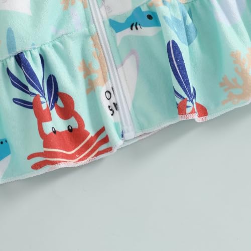 Image of Girls Hooded Terry Coverups Zip Up One Piece Swimsuits Sea Animals Print Short Sleeve Ruffle Swim Cover Up Swimwear (Green, 1-2T)