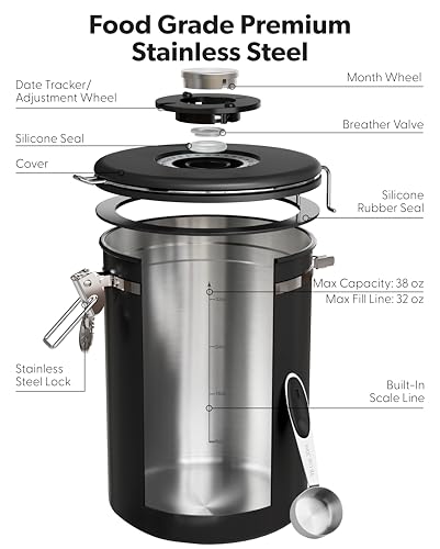 Image of Veken Large Coffee Canister with Window, Rice Kitchen Food Storage Airtight Stainless Steel Container with Lids, Date Tracker and Scoop, Grounds, Beans, Tea, Flour, Cereal, Sugar Jars, 38oz, Black
