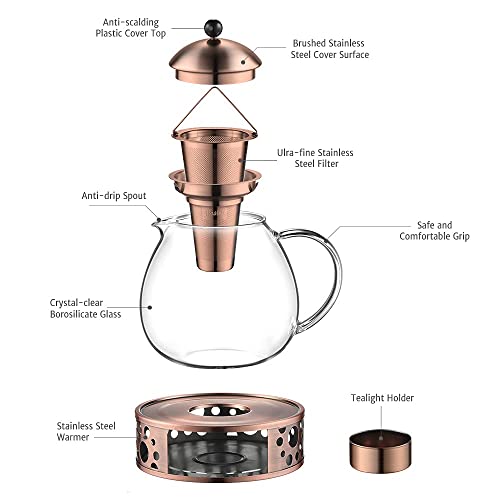 glastal 1500ml Bronze Teekanne mit Stövchen Teebereiter Glas und Edelstahl Teewärmer Teekanne Suit – Ansicht 3