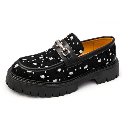 Men's Glitter Denim Metal Chain Platform Loafers Fashion Comfort Round Toe Slip On Non-Slip Lug Soft Sole Dress Smoking Loafers Causal Penny Loafers