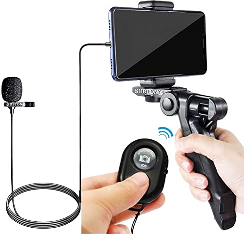 SUBTON® Photography Mobile Holder Mini Tripod Camera Stand with Bluetooth Selfie Remote+ 3.5mm jack Collar Microphonefor Vlogging, Video Shooting, YouTube etc (Vlogging Tripod+Selfie Remote+Collar Mic)