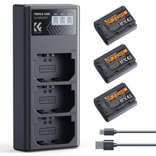 K&F CONCEPT NP-FZ100 Batterie et Chargeur à Trois Slot, 3 X 2280mAh Remplacement Batterie pour Sony A7iii, A7iv, A7C, FX3, FX30, A9, A6600, A6700, ZV-E1,...