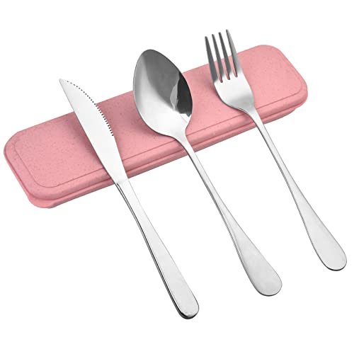 Travel Silverware Set with Case, Reusable Utensils Set with Case, Portable Spoon Knife Fork Lunch Box Travel Cutlery Set (Pink)
