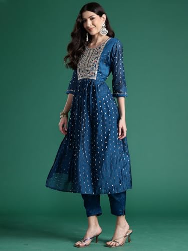Image of INDO ERA Women's Chanderi Silk Embroidered A-Line Kurta Pant With Dupatta Set