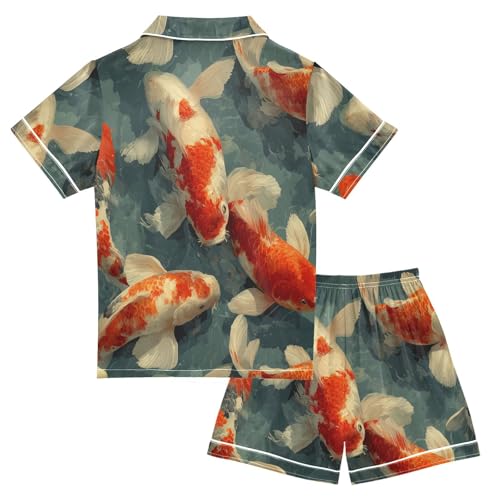 Satin Pajama Sets Short Sleeve Koi Fish Art Prints Button Down Silky Nightwear 2 Piece PJS 5Y,2
