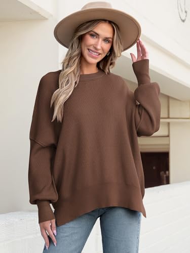 Image of ANRABESS Women Oversized Sweaters Batwing Long Sleeve 2026 Fall Outfits Crewneck Casual Knit Side Slit Fashion Pullover Top