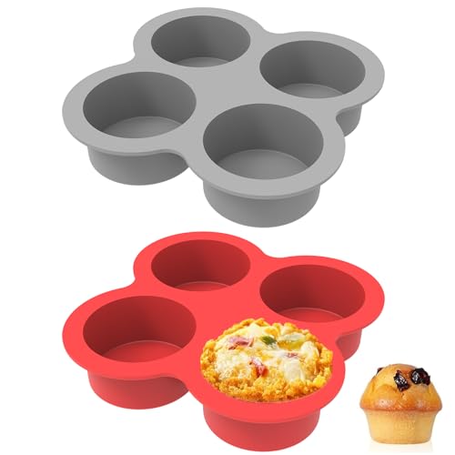 HXLVENDORS Silicone Egg Bite Molds- 4 Cups Air Fryer Egg Mold, Silicone Egg Molds Ideal For Muffins, Cakes, Pies, Breads (2 Pcs Red + Gray)