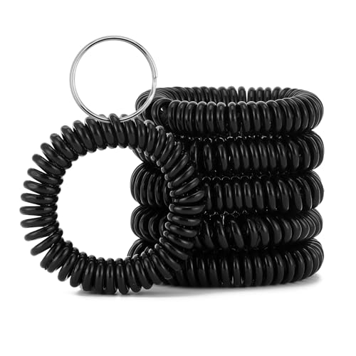QIUTIMIY 6PCS Spiral Keychain, Stretchy Wrist Coil Bracelet Key Chain Black Waterproof Wristlet Key Holder for Sauna, Pool, Gym, Sports(Black-SFR)