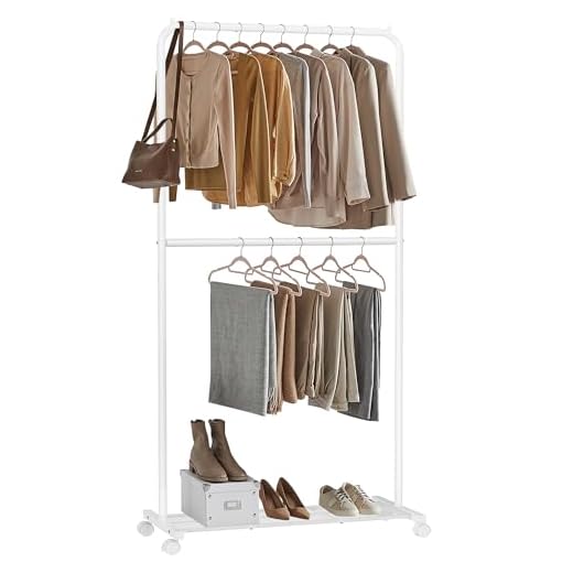 SONGMICS Perchero Burro, Burro de Ropa con 2 Barras, Marco de Metal, Barra Colgante de 91 cm de Ancho, con Estante, 2 Ruedas Bloqueables, Cada Barra Soporta hasta 20 kg, Blanco HSR027W01