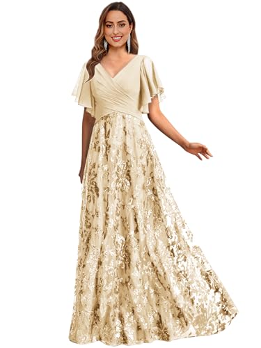 Mother of The Bride Dresses for Wedding Chffion Sequin Lace V-Neck Ruched Long Formal Dress