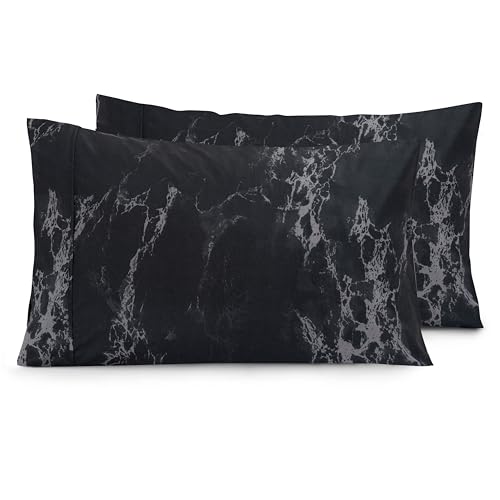 Image of Elegant Comfort Luxury Ultra-Soft 2-Piece Pillowcase Set - 1500 Premium Hotel Quality Microfiber Double Brushed - Wrinkle Resistant, Standard /Queen, Marble Pattern Black