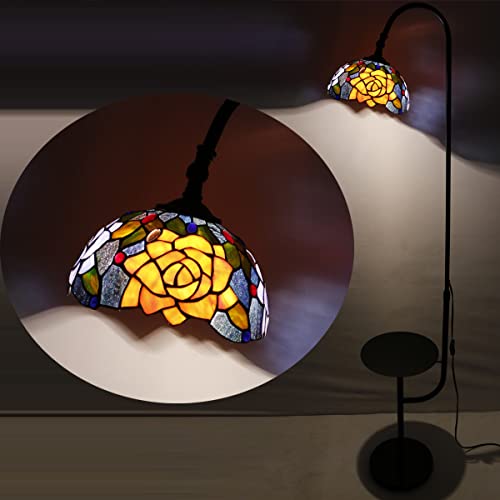 Avivadirect Tiffany Floor Lamp With Storage Shelves End Table Stained Glass Red Rose Arched Gooseneck Style Reading Light Angle Adjustable W10H70 Inch Decor Home Living Room Bedroom Office #TOP4